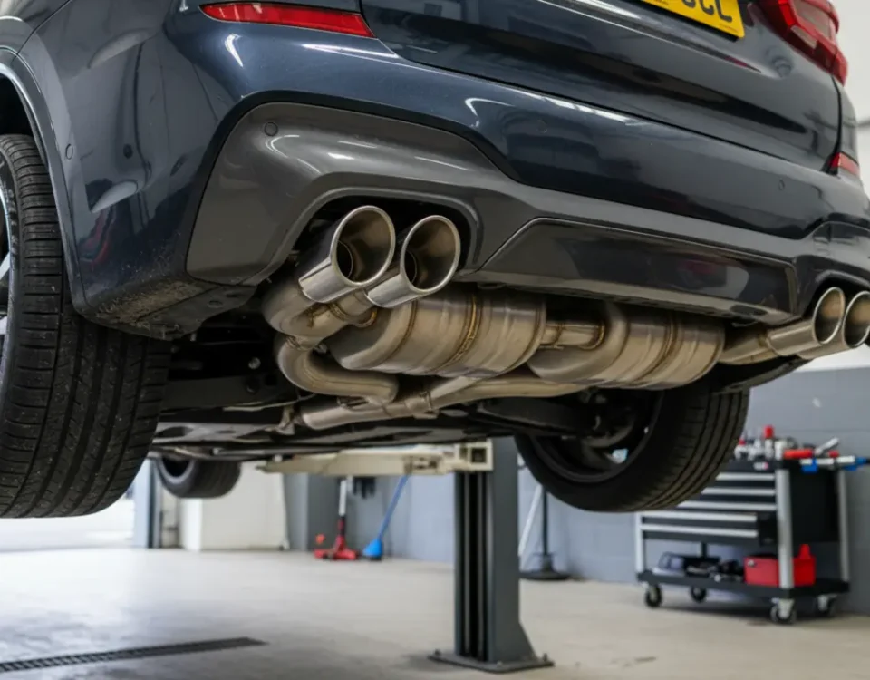 BMW X3 M40i stainless steel performance exhaust upgrade in a UK workshop