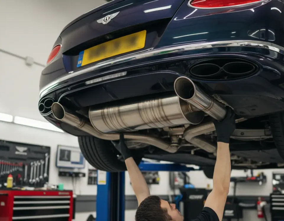 Bentley Continental GT custom stainless steel exhaust being fitted in a UK performance workshop