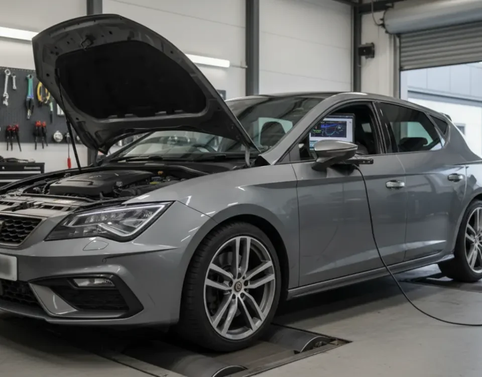 Cupra Leon IS38 Stage 1 ECU remap on a rolling road dyno in a UK performance workshop