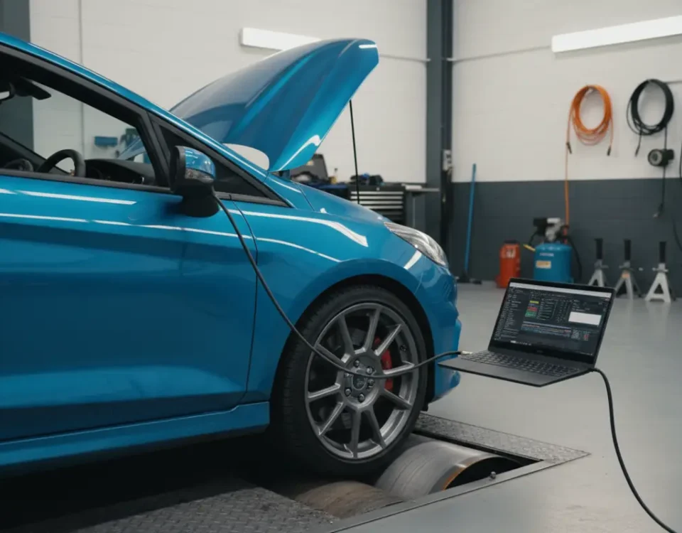 Ford Fiesta ST ECU remap on rolling road dyno in UK workshop with laptop tuning setup