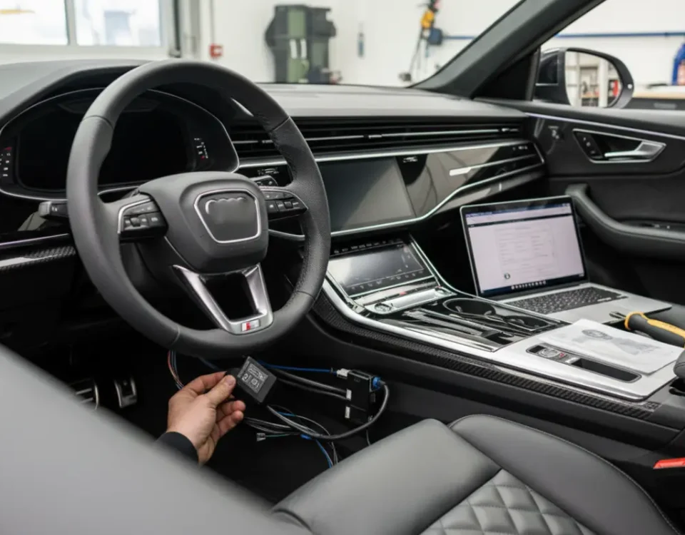 Ghost immobiliser installation in an Audi RSQ8-style SUV at a UK vehicle security workshop
