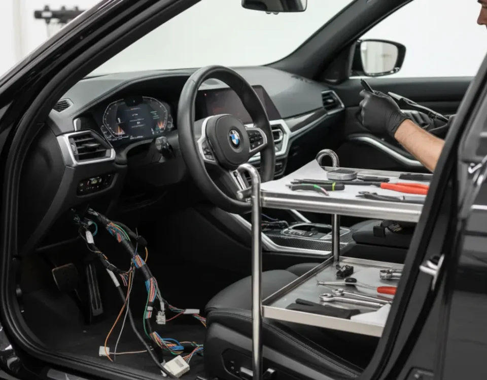 Technician installing Ghost immobiliser in BMW M3 Touring interior UK workshop