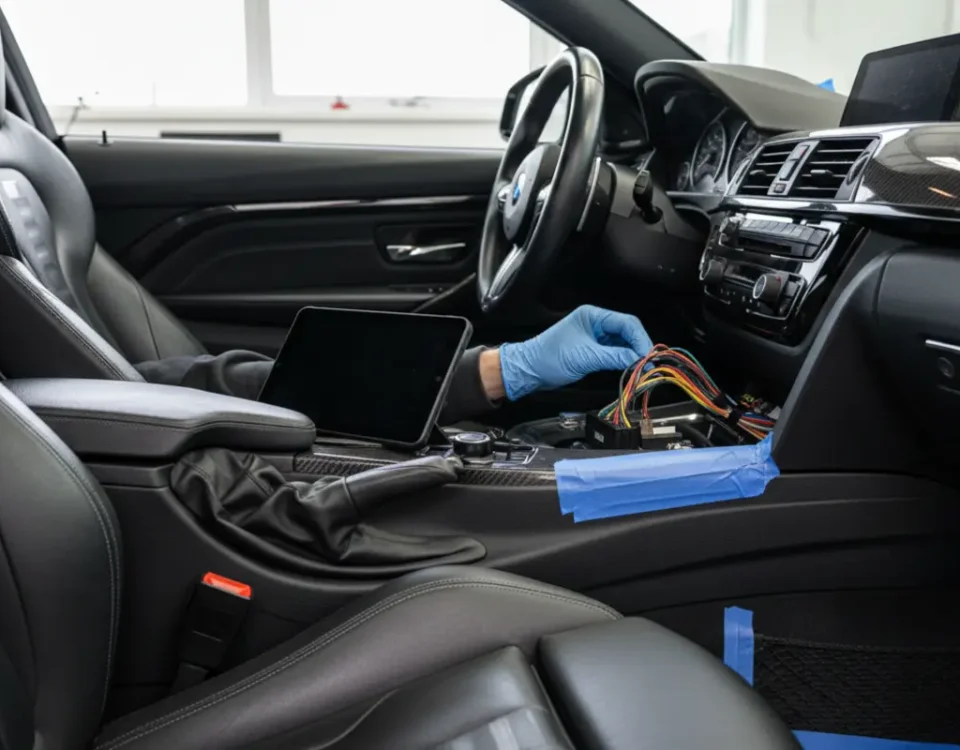 Ghost Immobiliser fitting for BMW M4 keyless theft protection in a UK performance workshop.