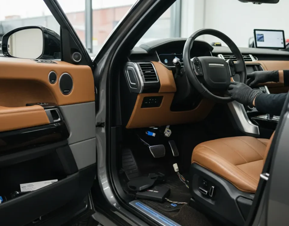 Technician installing ghost immobiliser inside Range Rover Sport SVR dashboard in UK workshop