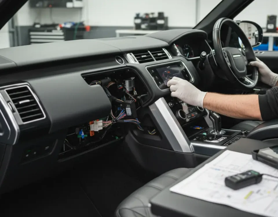 Technician installing Ghost immobiliser in Range Rover Sport SVR interior UK workshop