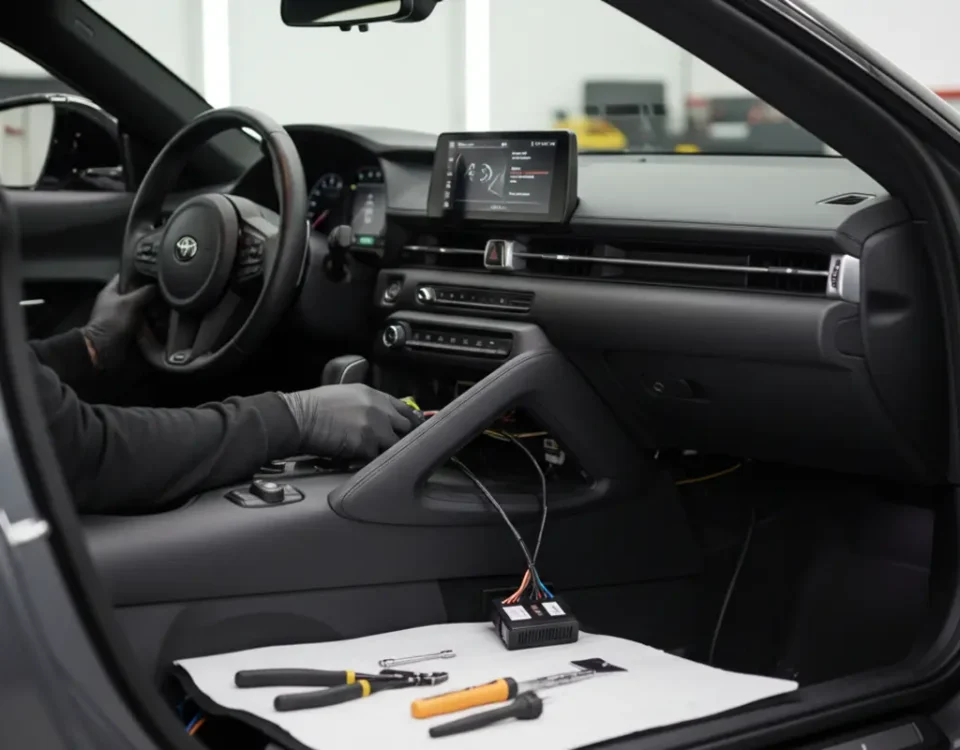 Ghost immobiliser installation on a right hand drive Toyota GR Supra in a UK performance workshop