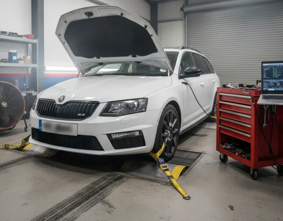 Octavia vRS 245 Stage 1 ECU remap on a dyno in a UK performance workshop