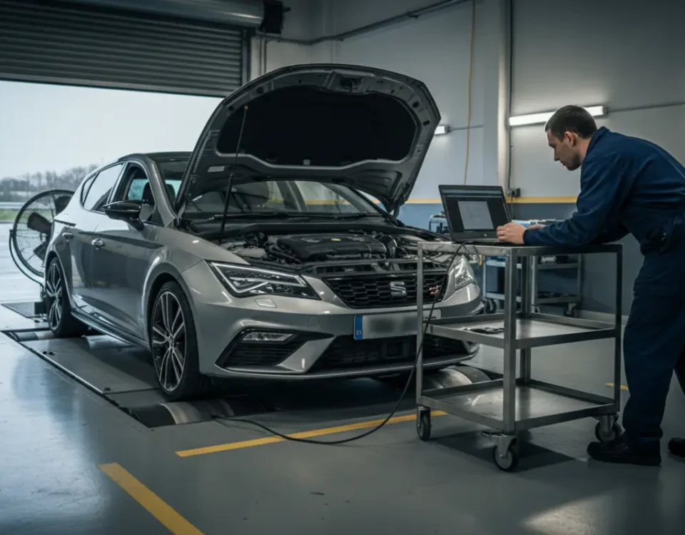 SEAT Leon FR 2.0 TSI Stage 1 ECU remap setup in a UK performance workshop