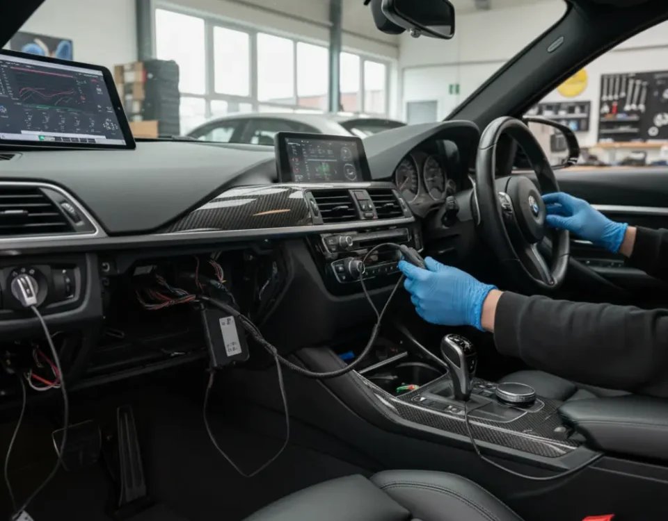 Covert SmartTrack S5 GPS tracker installation in a BMW M3 CS at a UK performance workshop
