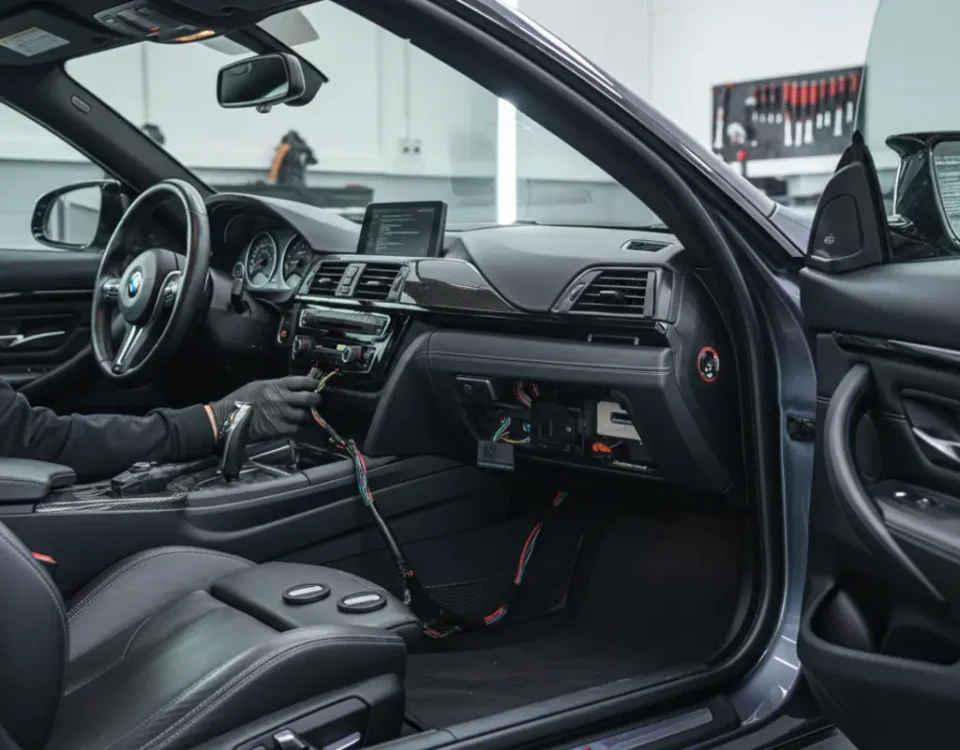 SmarTrack S5 GPS tracker installation in a BMW M4 at a UK performance workshop