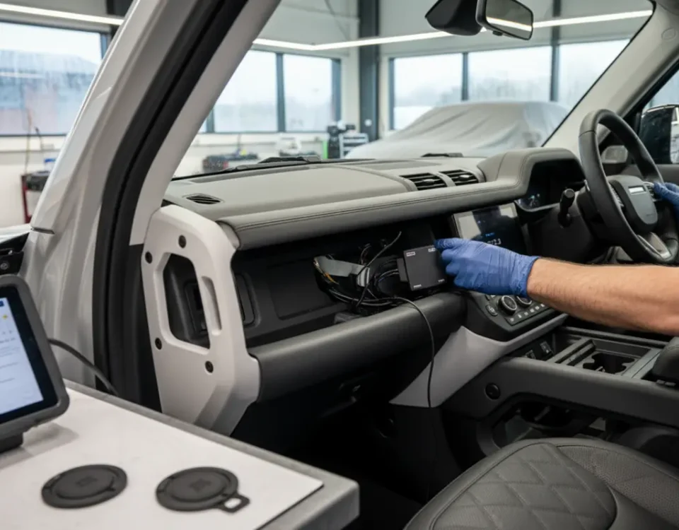 SmartTrack S5 tracker installation in a UK workshop for a Land Rover Defender security upgrade