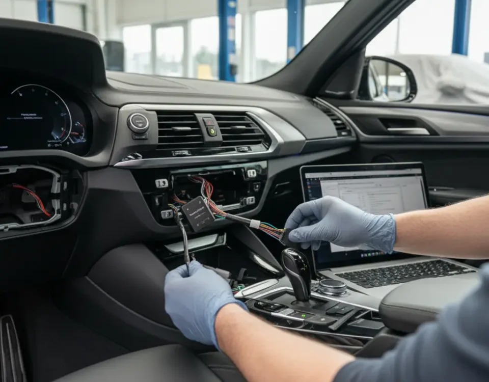 Technician installing SmartTrack S5 tracker inside BMW X3 M40i dashboard in UK workshop