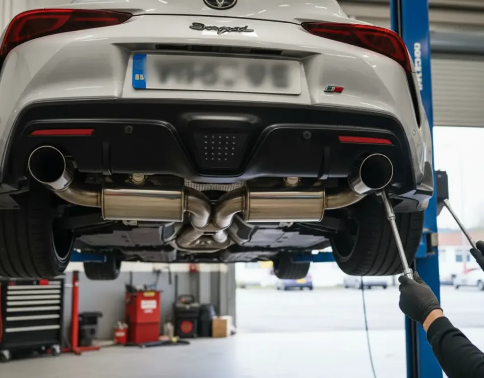 Toyota Supra stainless steel performance exhaust being fitted in a UK workshop