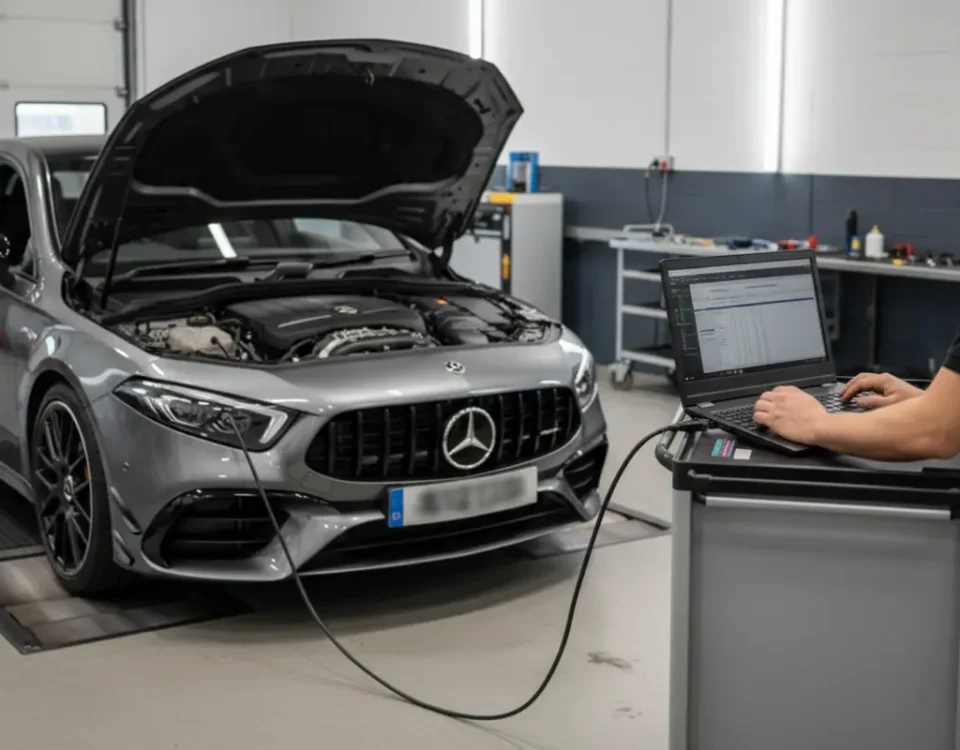AMG A45 M139 Stage 1 ECU remap setup on a UK dyno