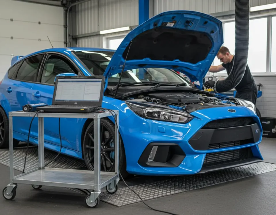Ford Focus RS-style hot hatch ECU remap on a dyno in a UK performance workshop