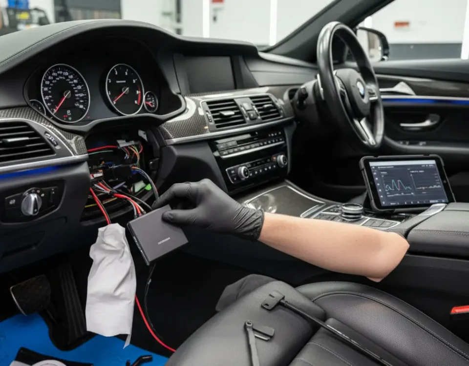 Ghost immobiliser installation inside a right hand drive AMG E63 in a UK performance workshop