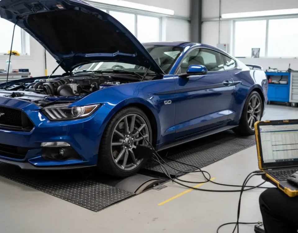 Ford Mustang GT 5.0 V8 ECU remap on a rolling road dyno in a UK performance workshop