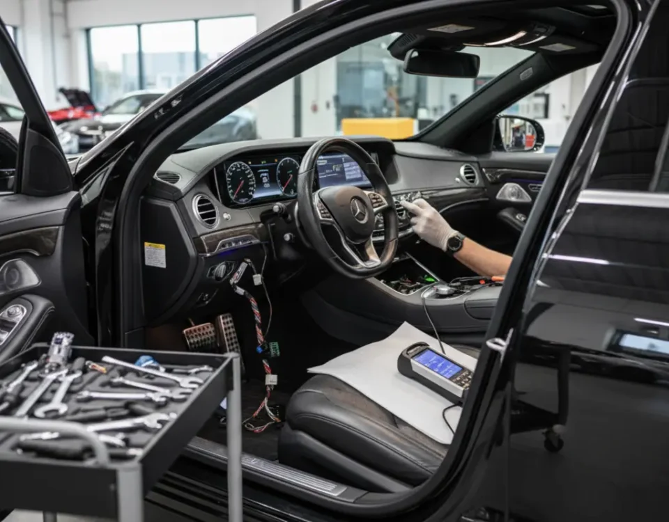 Technician fitting a Ghost immobiliser in a right-hand-drive AMG S63 interior at a UK performance workshop.