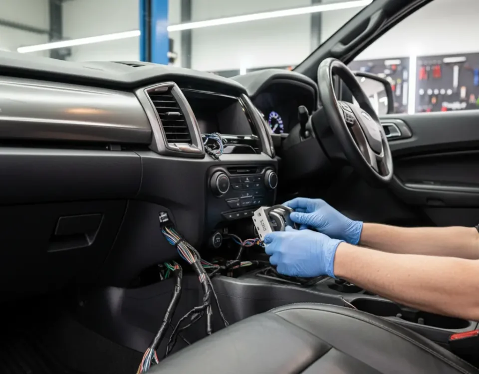 Ghost immobiliser installation in a Ford Ranger Raptor-style pickup at a UK performance workshop.