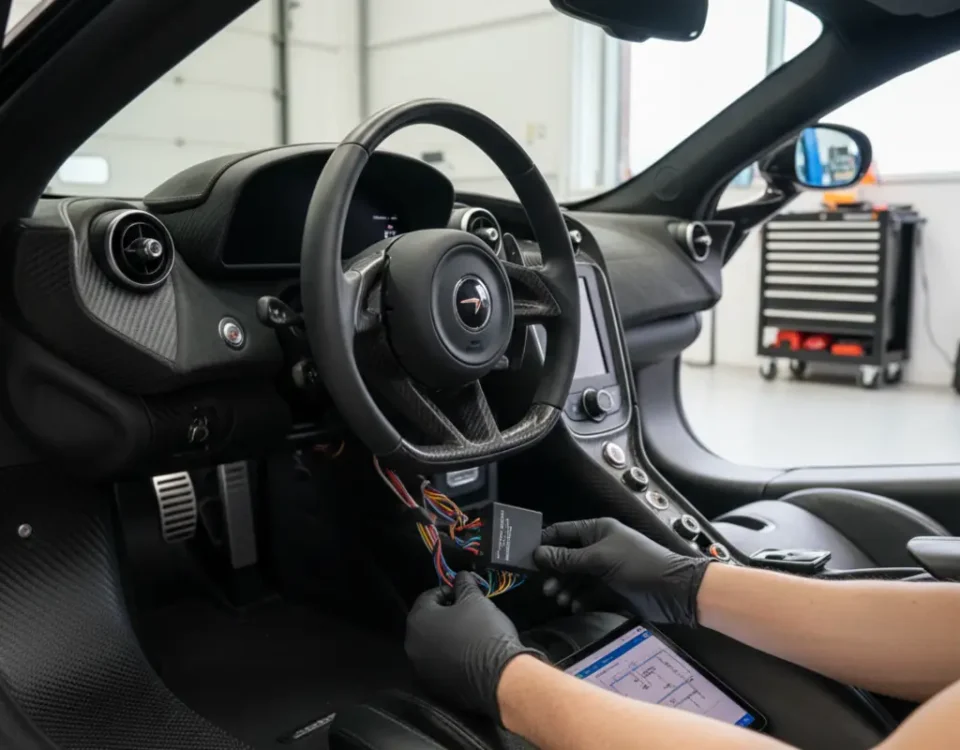 Ghost immobiliser fitting inside a right hand drive McLaren-style supercar in a UK workshop
