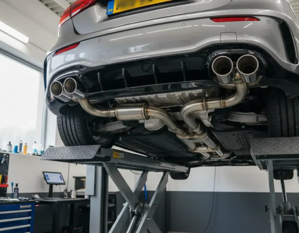 Mercedes-AMG A45 performance exhaust being fitted in a UK workshop