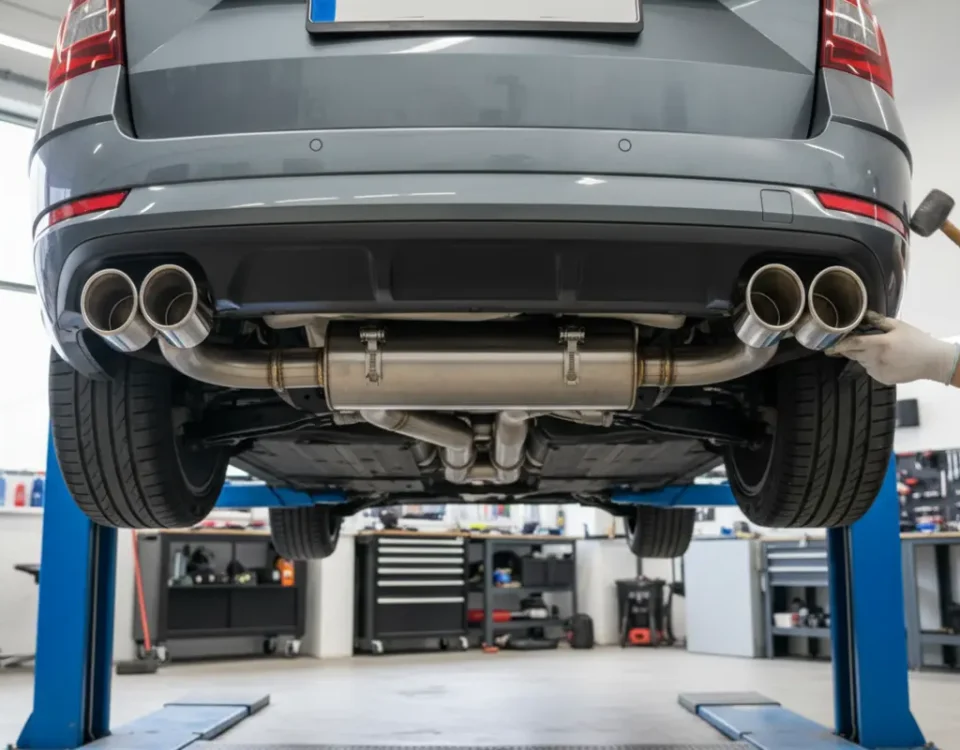 Octavia vRS T304 stainless performance exhaust being fitted in a UK workshop