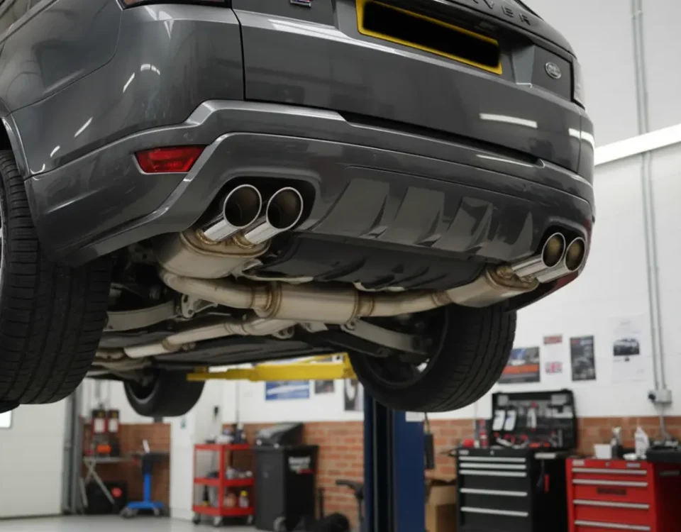 Range Rover Sport SVR custom stainless performance exhaust being fitted in a UK workshop