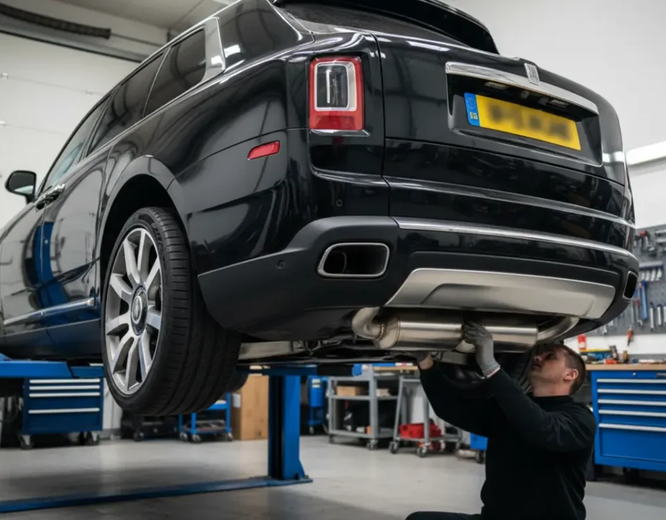 Rolls-Royce Cullinan performance exhaust fitting with bespoke stainless steel system in a UK workshop