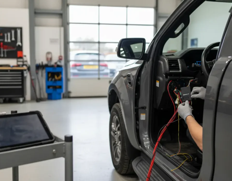 SmarTrack GPS tracker installation on a Ford Ranger Raptor in a UK workshop