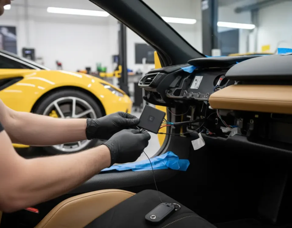 SmartTrack S5 GPS tracker installation in a Lotus Emira at a UK performance workshop