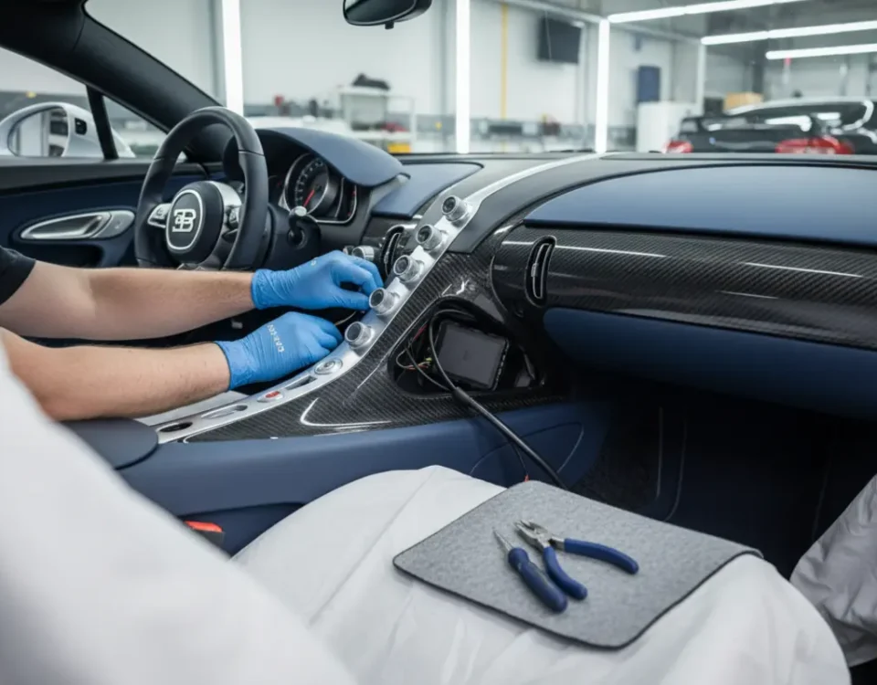 Discreet SmarTrack GPS tracker installation in a Bugatti Chiron at a UK performance workshop